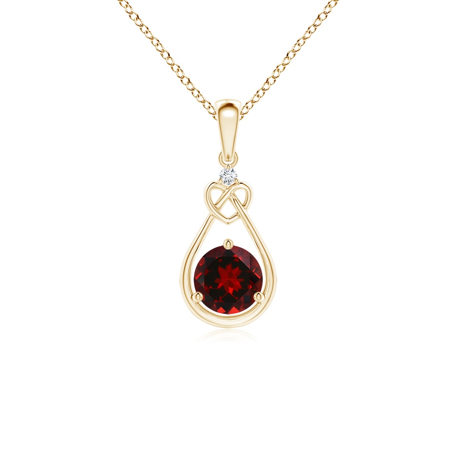 5mm AAAA Garnet Knotted Heart Pendant with Diamond in Yellow Gold 