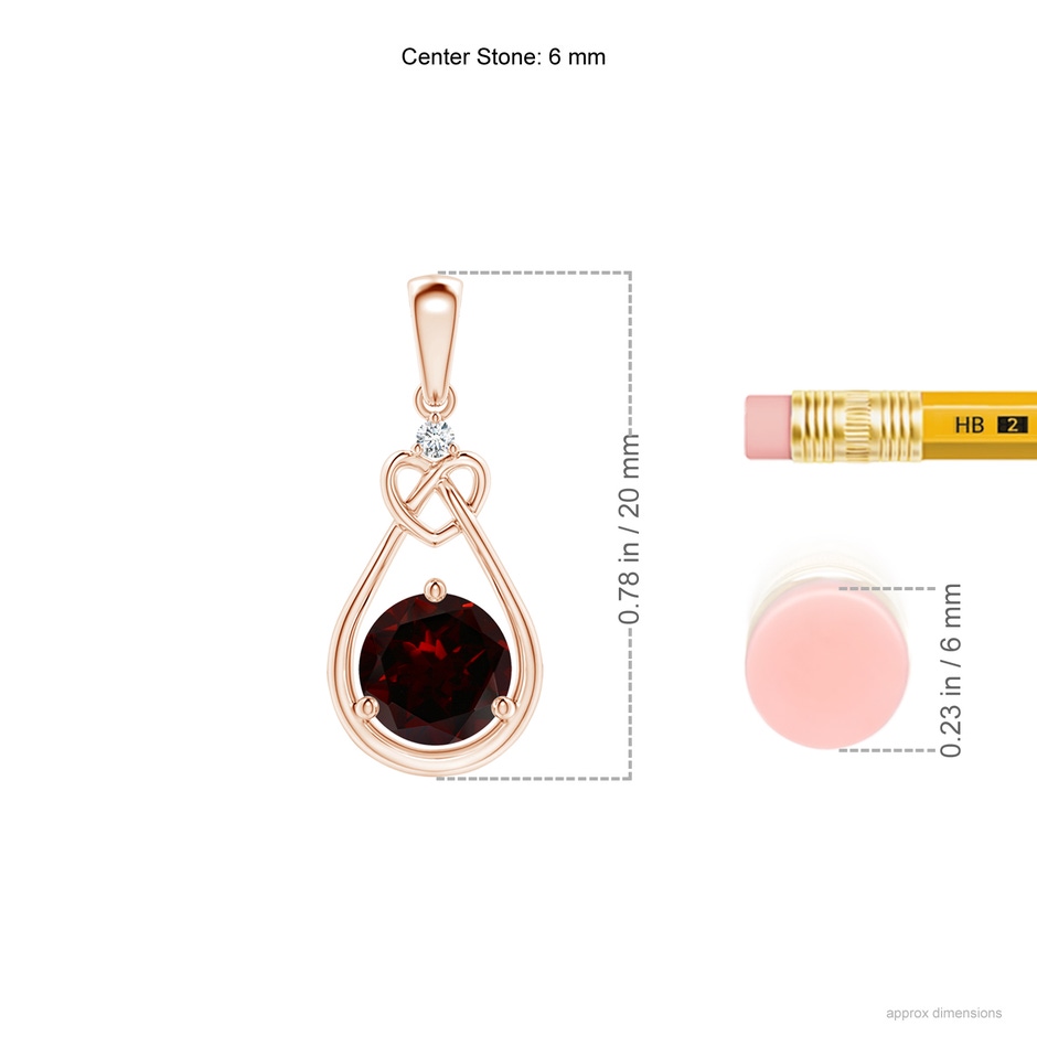 6mm A Garnet Knotted Heart Pendant with Diamond in Rose Gold ruler