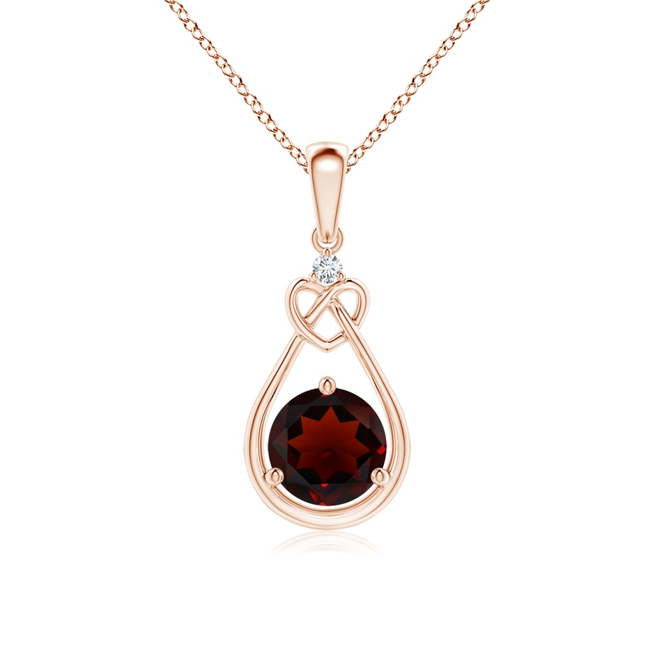 6mm AA Garnet Knotted Heart Pendant with Diamond in Rose Gold 