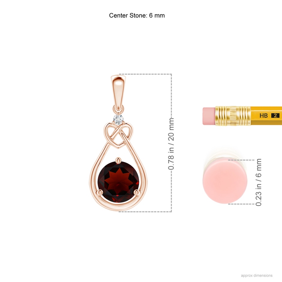 6mm AA Garnet Knotted Heart Pendant with Diamond in Rose Gold ruler