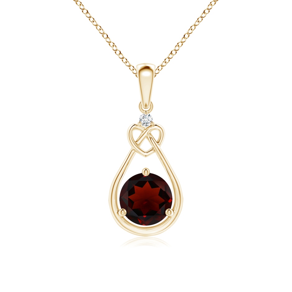 6mm AA Garnet Knotted Heart Pendant with Diamond in Yellow Gold 
