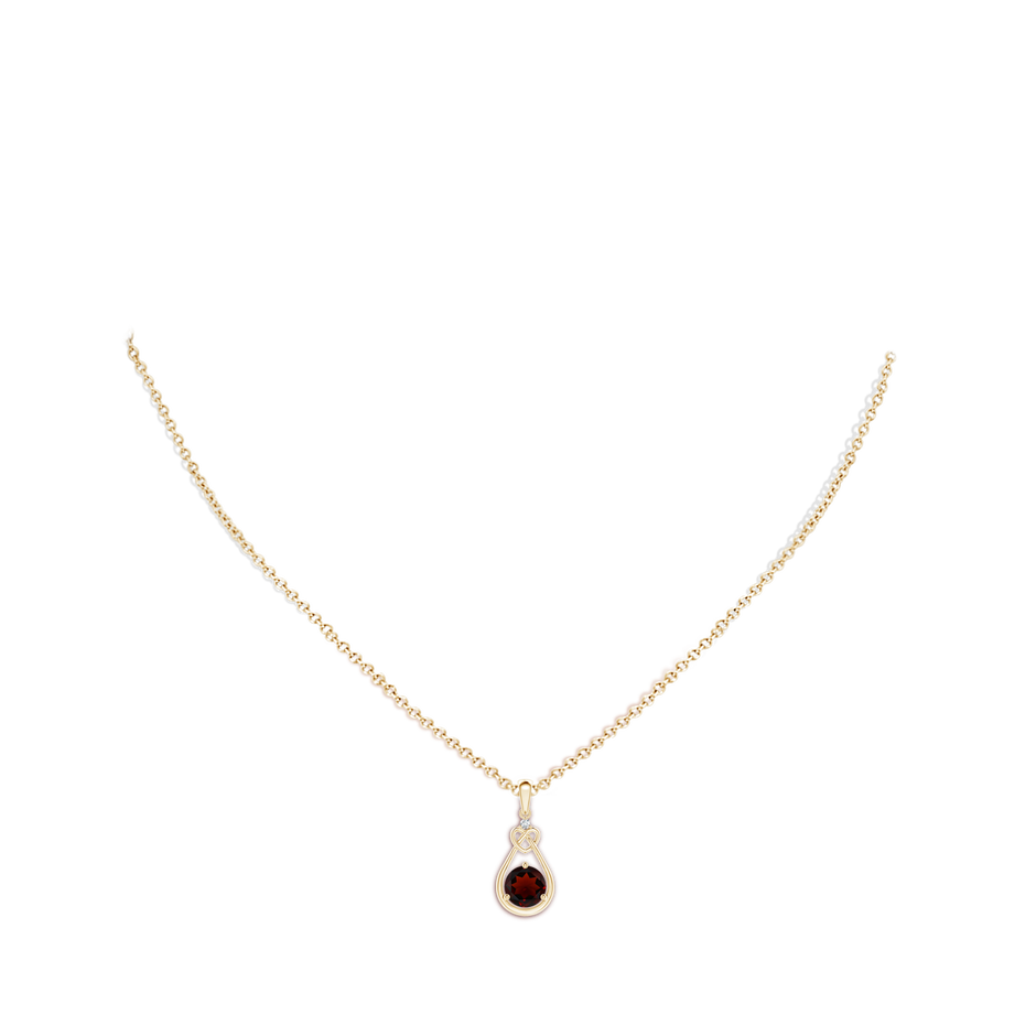 6mm AA Garnet Knotted Heart Pendant with Diamond in Yellow Gold body-neck