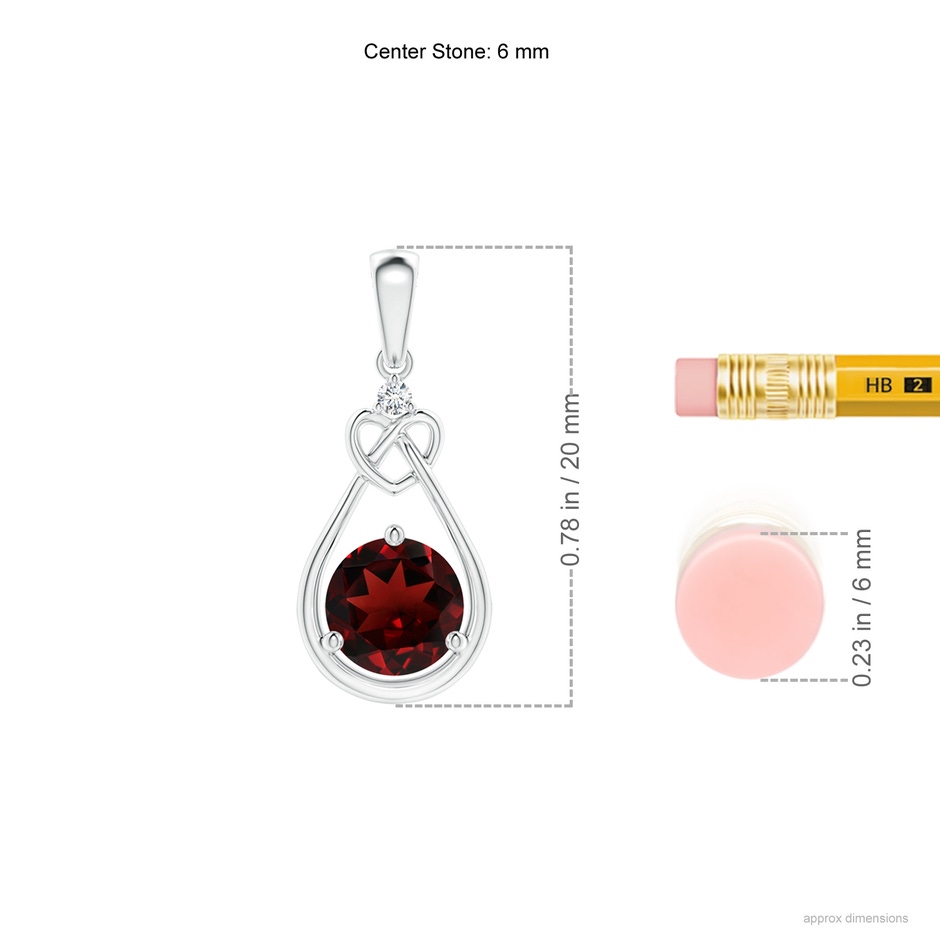 6mm AAA Garnet Knotted Heart Pendant with Diamond in White Gold ruler