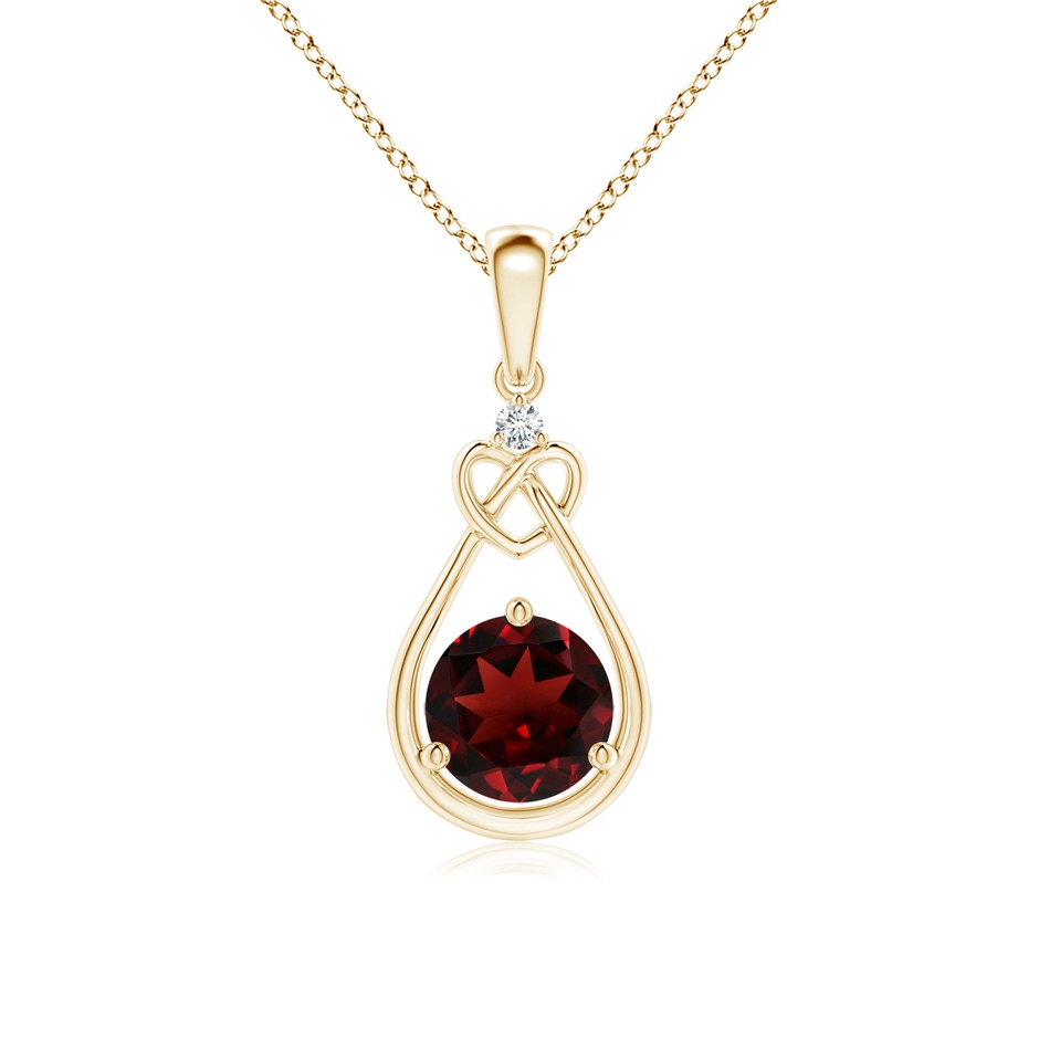 6mm AAA Garnet Knotted Heart Pendant with Diamond in Yellow Gold 