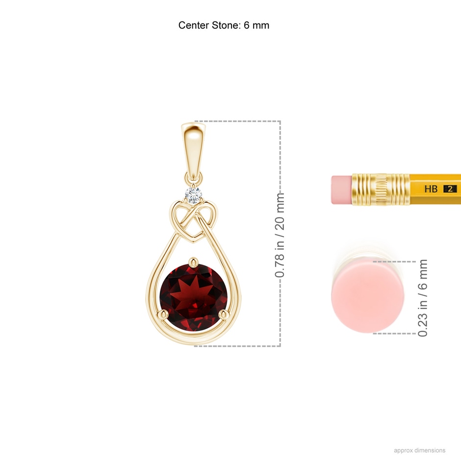6mm AAA Garnet Knotted Heart Pendant with Diamond in Yellow Gold ruler