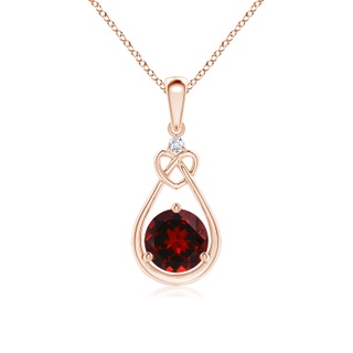 6mm AAAA Garnet Knotted Heart Pendant with Diamond in Rose Gold