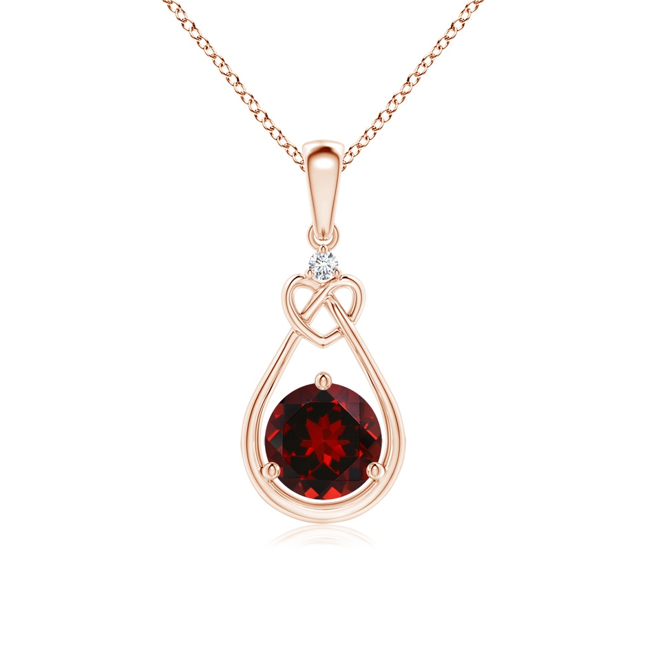 6mm AAAA Garnet Knotted Heart Pendant with Diamond in Rose Gold 