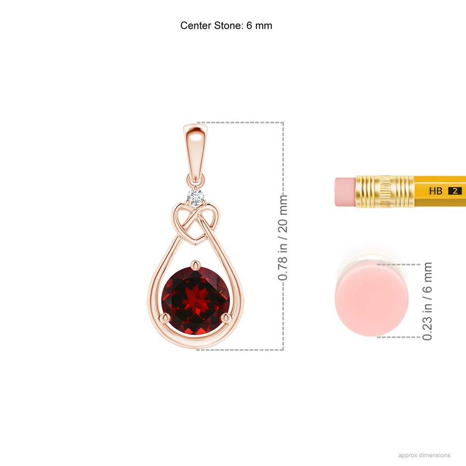 6mm AAAA Garnet Knotted Heart Pendant with Diamond in Rose Gold ruler