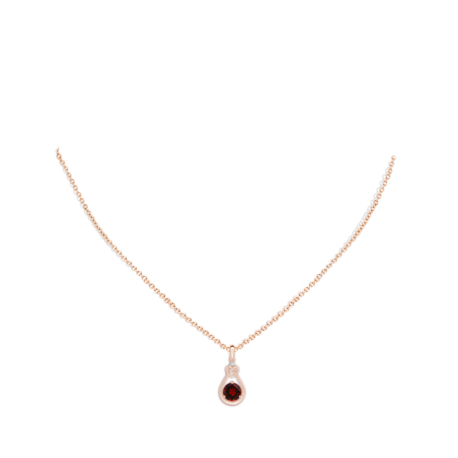 6mm AAAA Garnet Knotted Heart Pendant with Diamond in Rose Gold - body_neck