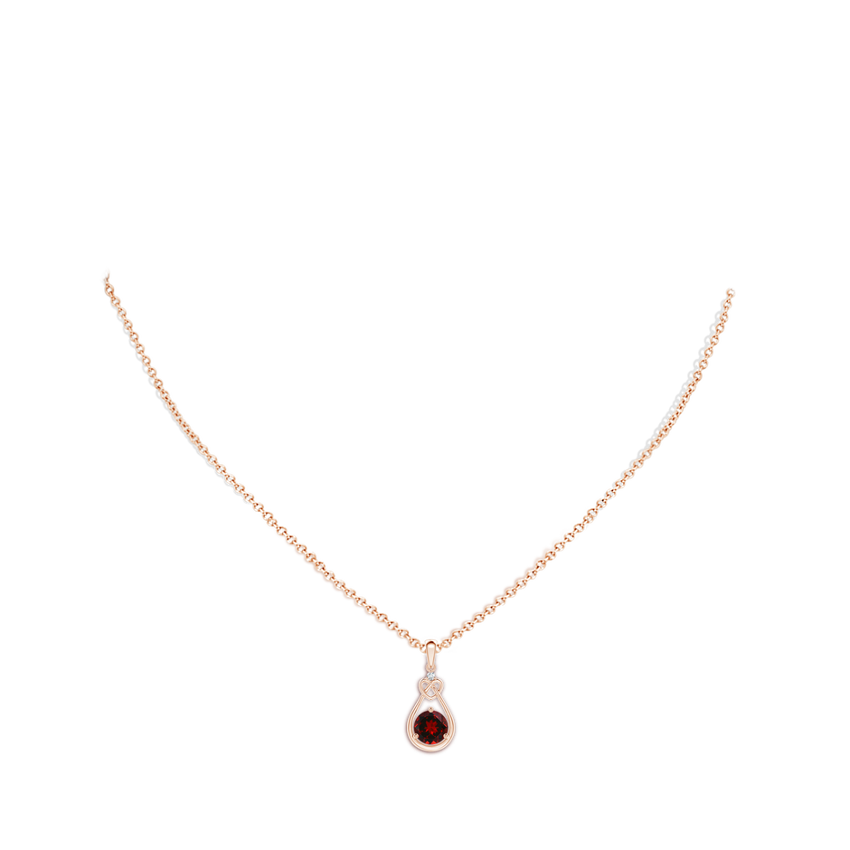 6mm AAAA Garnet Knotted Heart Pendant with Diamond in Rose Gold body-neck