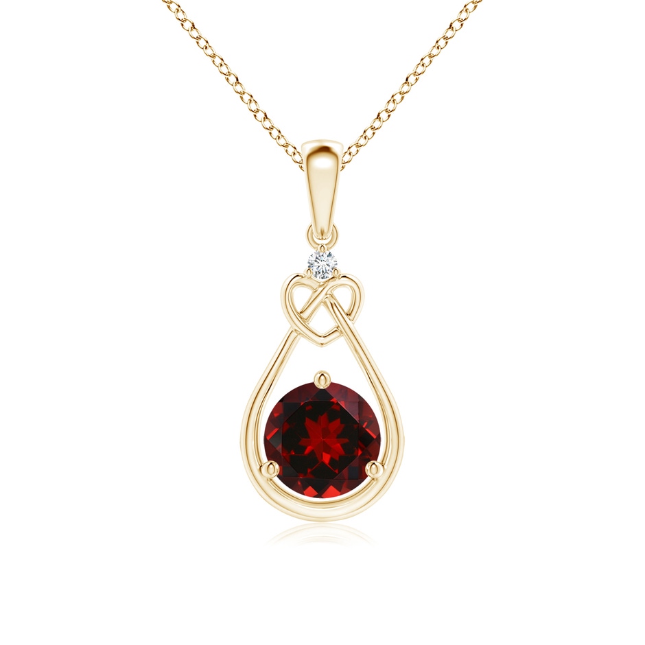 6mm AAAA Garnet Knotted Heart Pendant with Diamond in Yellow Gold 