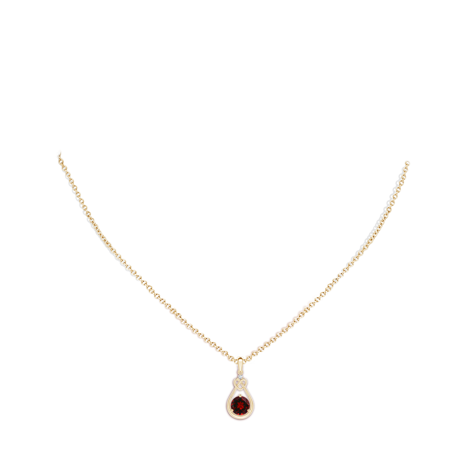 6mm AAAA Garnet Knotted Heart Pendant with Diamond in Yellow Gold body-neck
