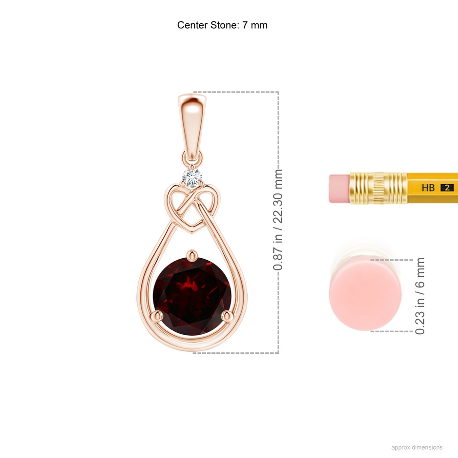 7mm A Garnet Knotted Heart Pendant with Diamond in Rose Gold ruler