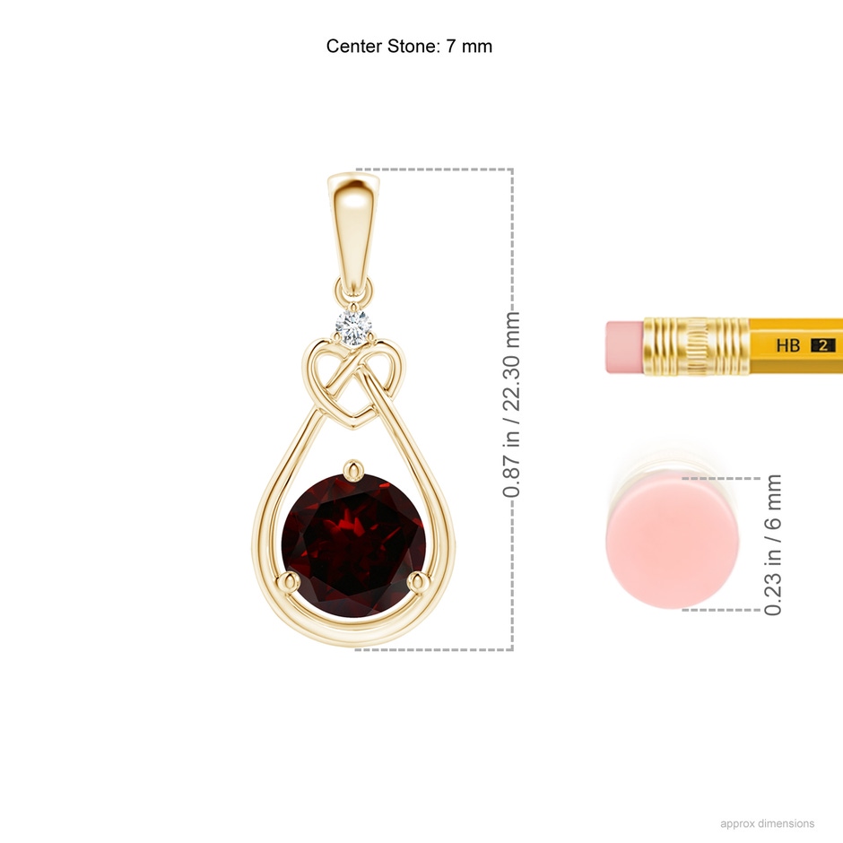 7mm A Garnet Knotted Heart Pendant with Diamond in Yellow Gold ruler