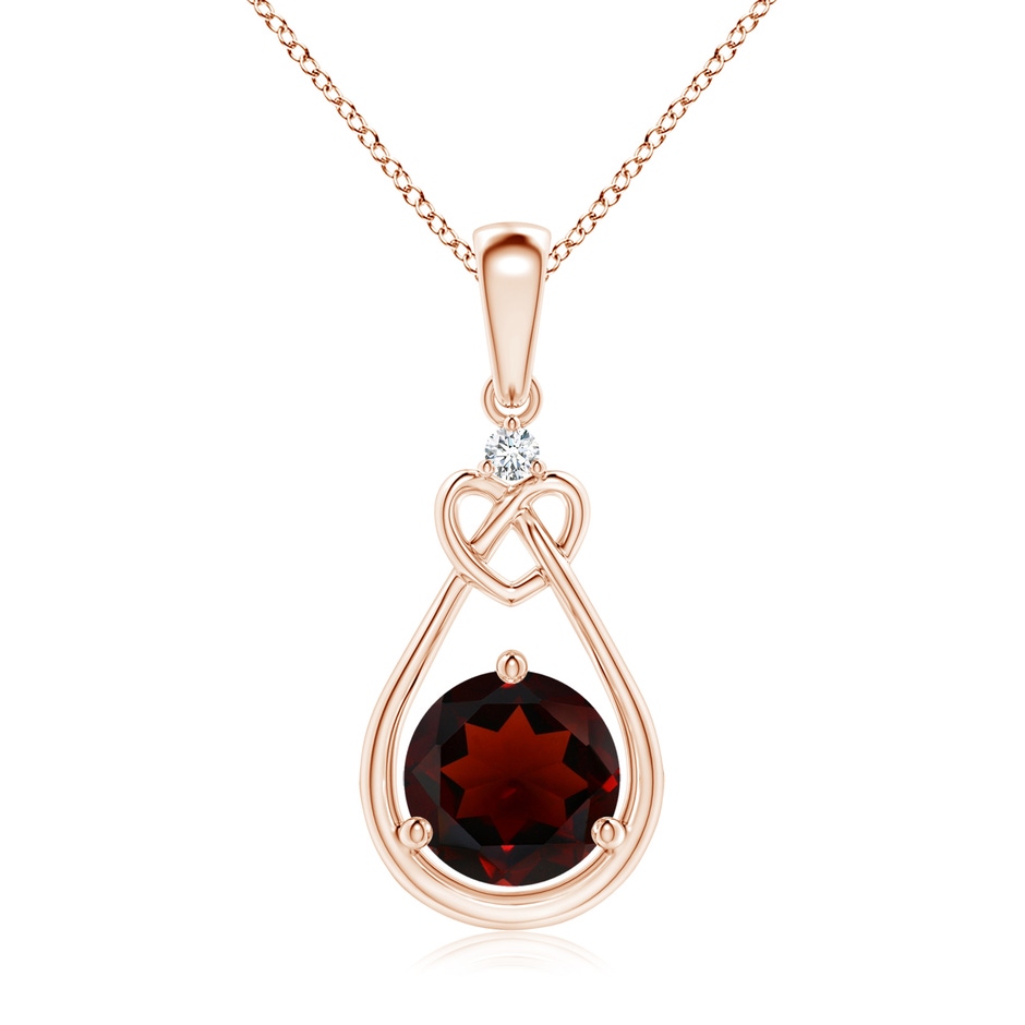 7mm AA Garnet Knotted Heart Pendant with Diamond in Rose Gold 