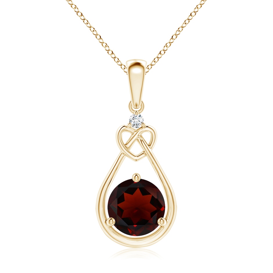 7mm AA Garnet Knotted Heart Pendant with Diamond in Yellow Gold 