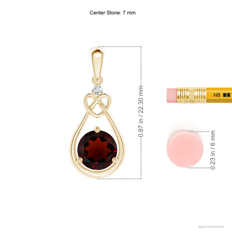 7mm AA Garnet Knotted Heart Pendant with Diamond in Yellow Gold ruler