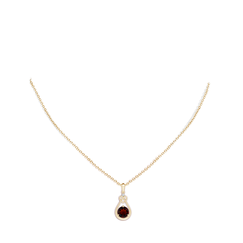 7mm AA Garnet Knotted Heart Pendant with Diamond in Yellow Gold body-neck