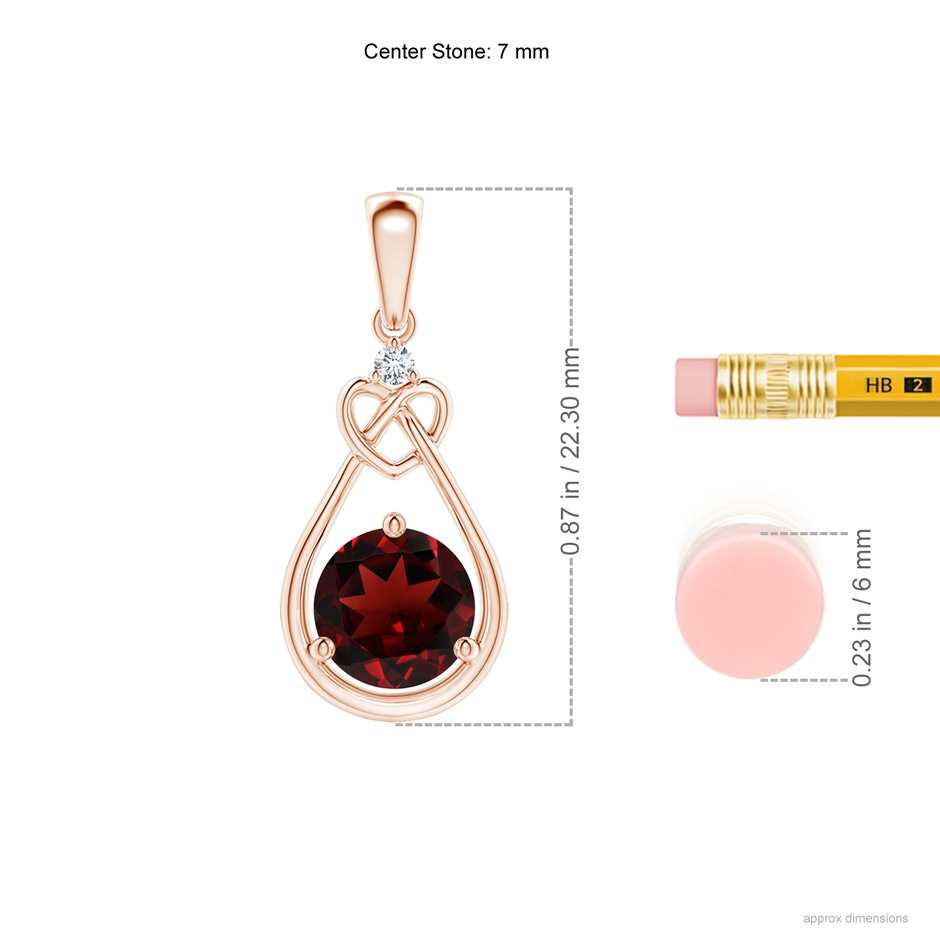 7mm AAA Garnet Knotted Heart Pendant with Diamond in Rose Gold ruler