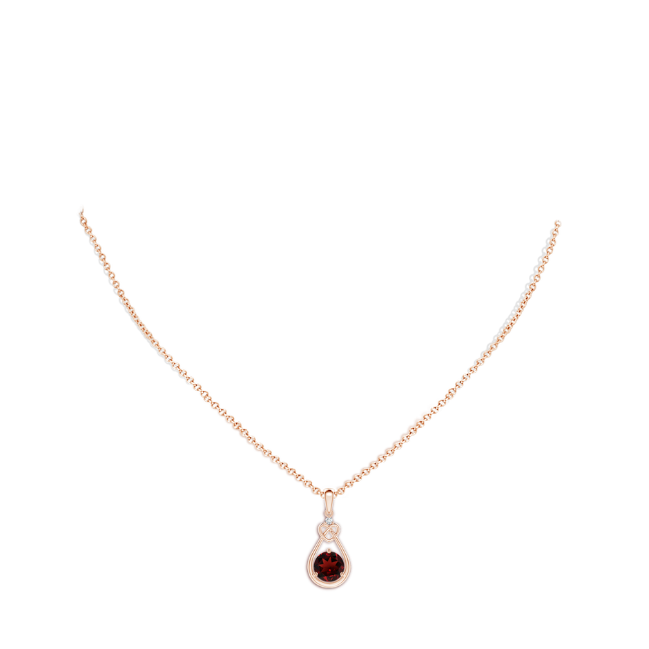 7mm AAA Garnet Knotted Heart Pendant with Diamond in Rose Gold body-neck