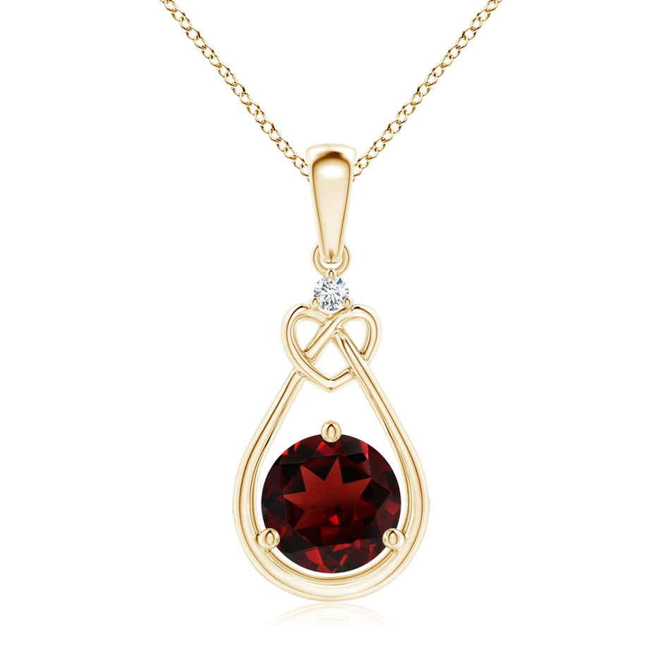 7mm AAA Garnet Knotted Heart Pendant with Diamond in Yellow Gold 