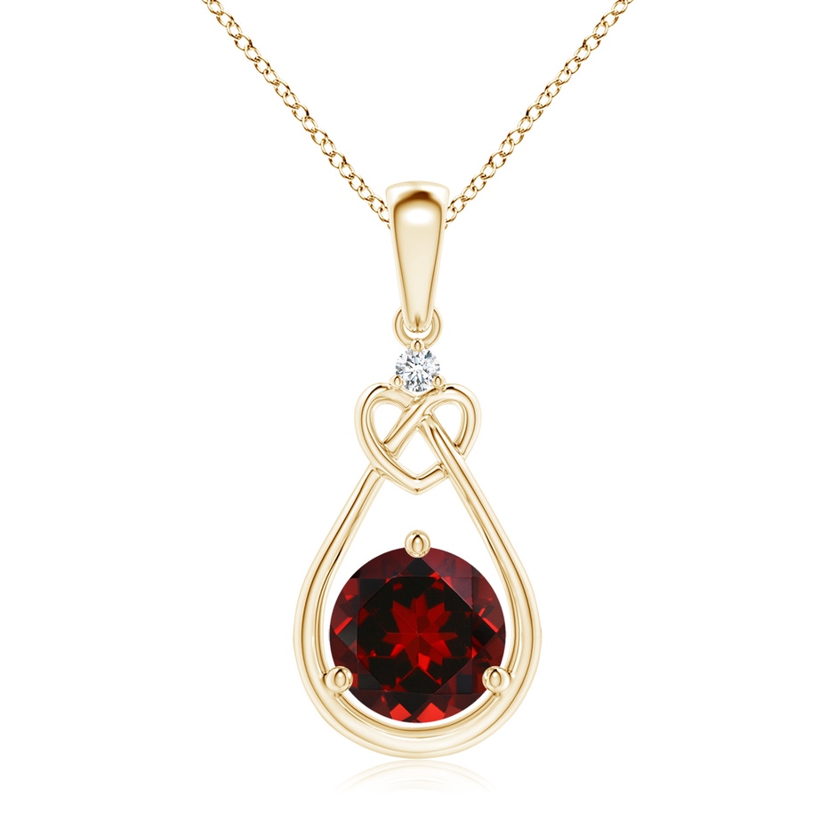 7mm AAAA Garnet Knotted Heart Pendant with Diamond in Yellow Gold 
