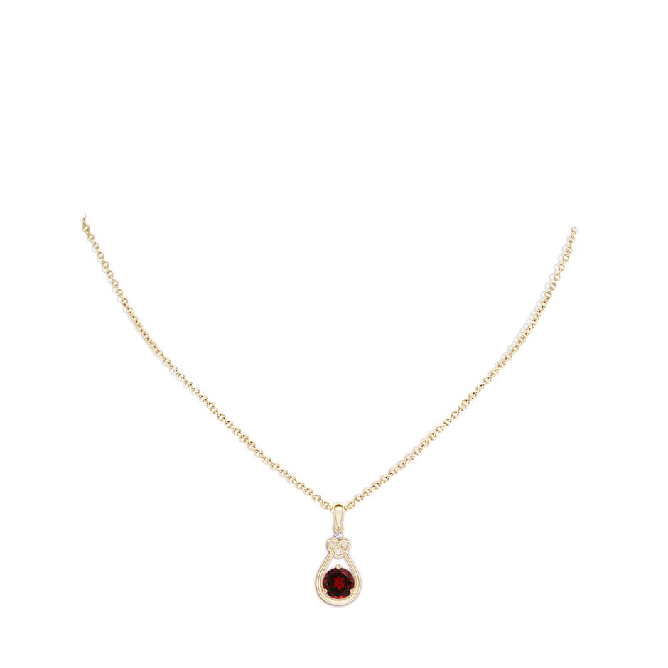 7mm AAAA Garnet Knotted Heart Pendant with Diamond in Yellow Gold body-neck
