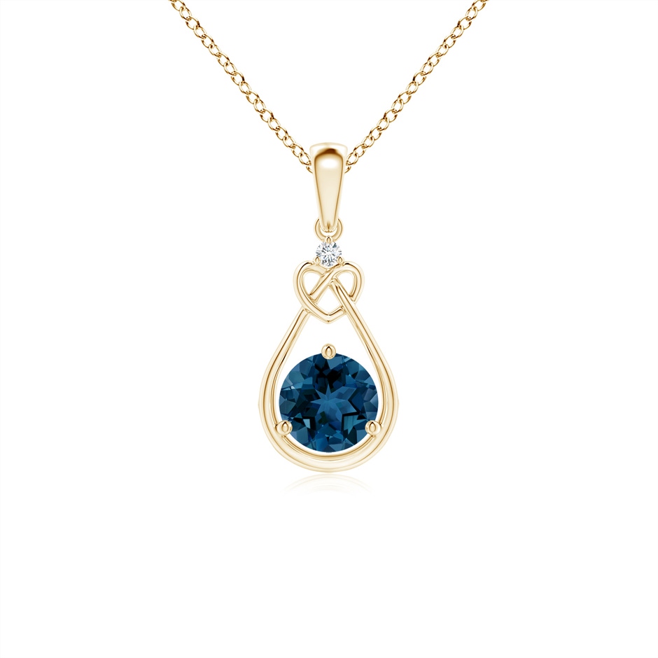 5mm AAA London Blue Topaz Knotted Heart Pendant with Diamond in Yellow Gold 