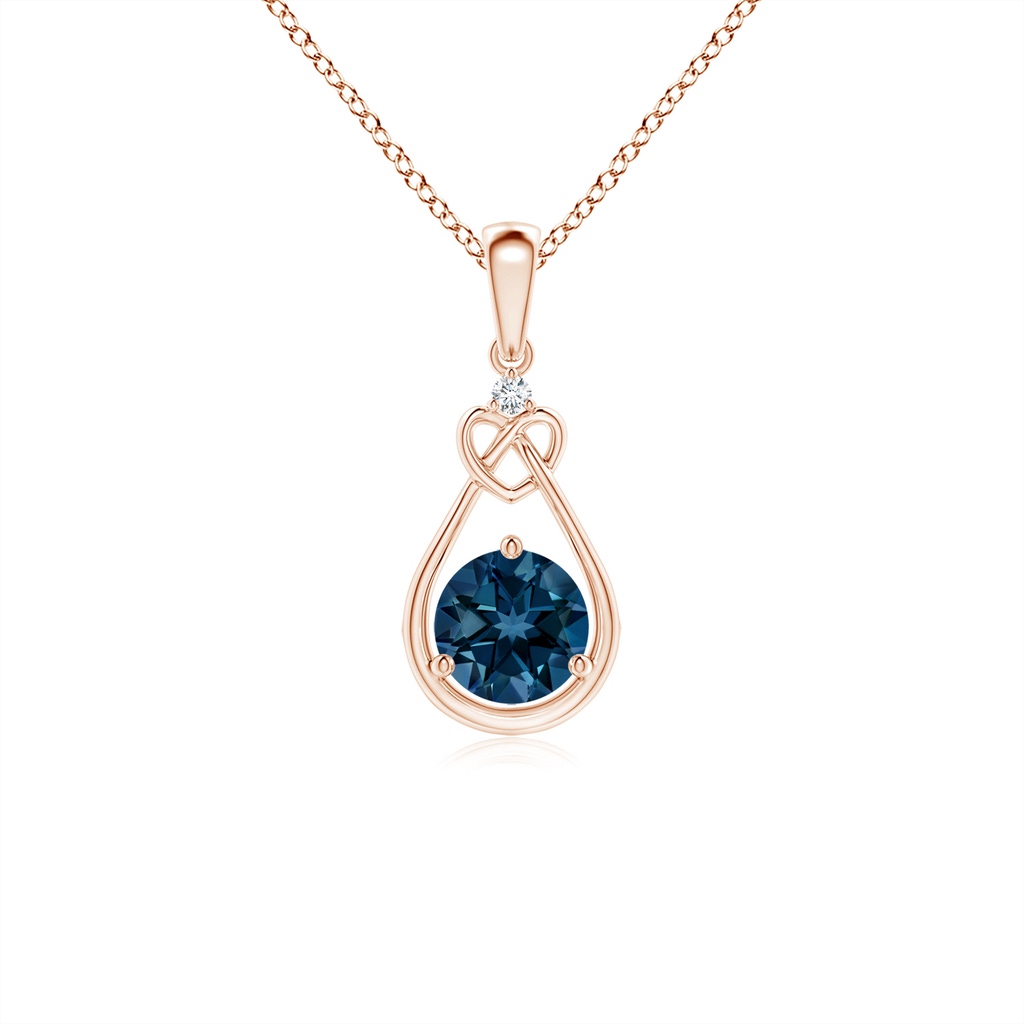 5mm AAAA London Blue Topaz Knotted Heart Pendant with Diamond in Rose Gold
