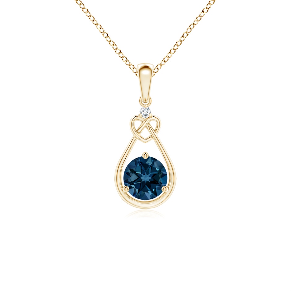 5mm AAAA London Blue Topaz Knotted Heart Pendant with Diamond in Yellow Gold 
