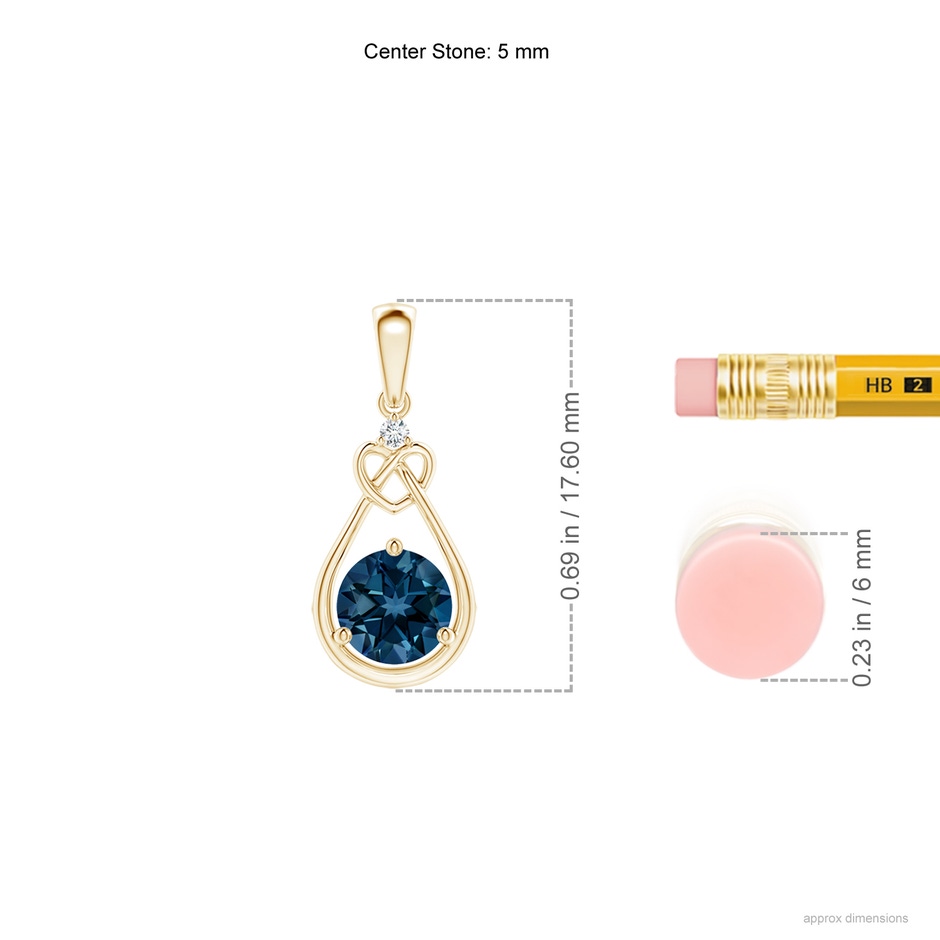 5mm AAAA London Blue Topaz Knotted Heart Pendant with Diamond in Yellow Gold ruler