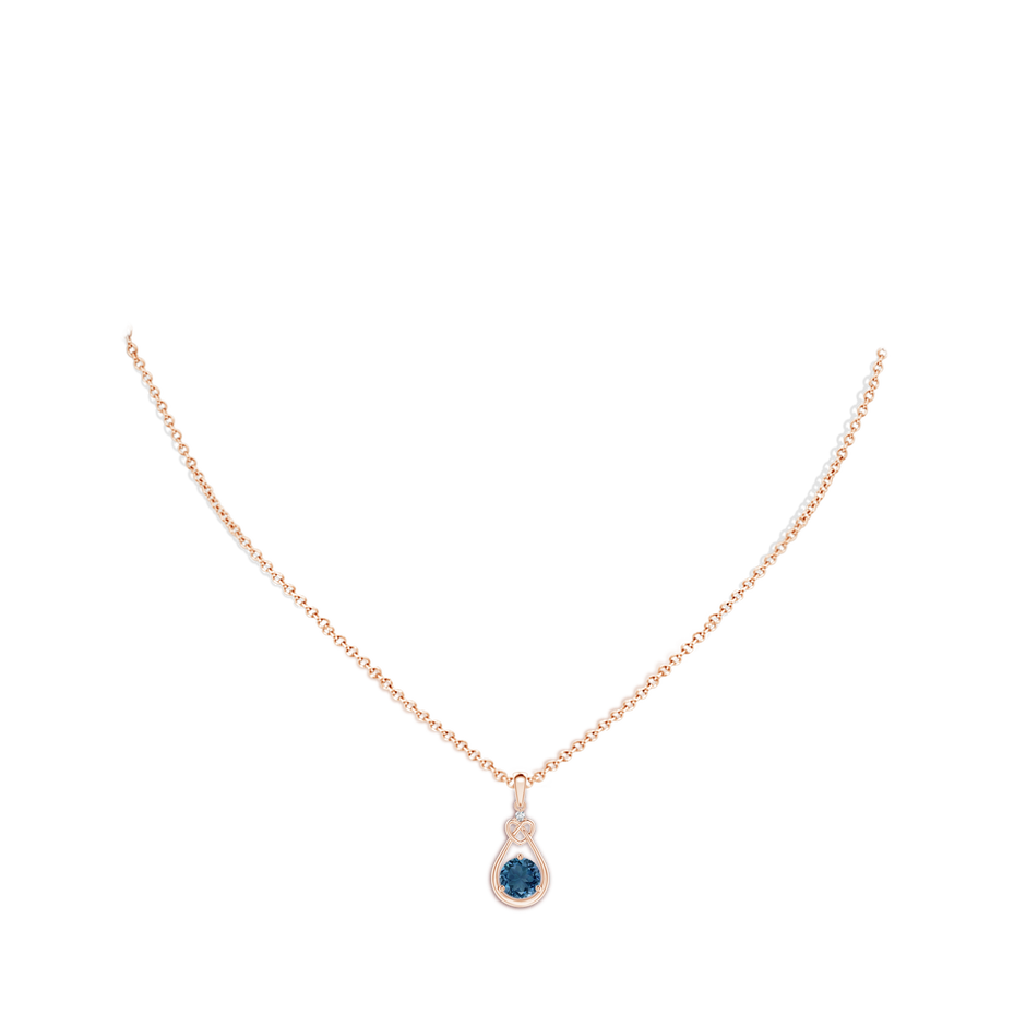 6mm AA London Blue Topaz Knotted Heart Pendant with Diamond in Rose Gold body-neck