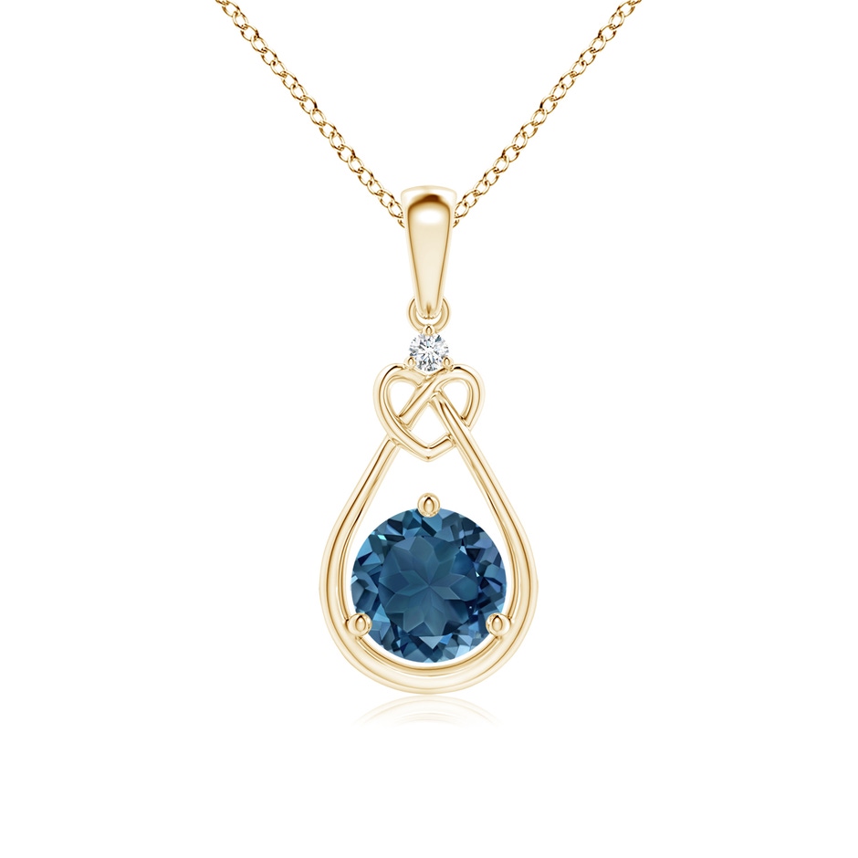 6mm AA London Blue Topaz Knotted Heart Pendant with Diamond in Yellow Gold 