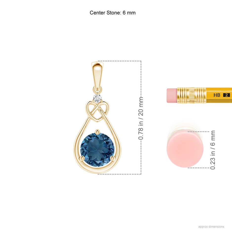 6mm AA London Blue Topaz Knotted Heart Pendant with Diamond in Yellow Gold ruler