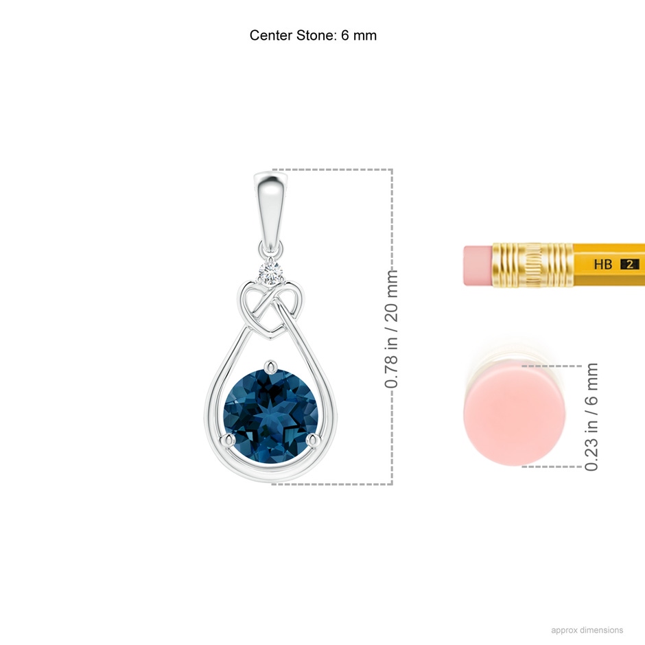 6mm AAA London Blue Topaz Knotted Heart Pendant with Diamond in White Gold ruler