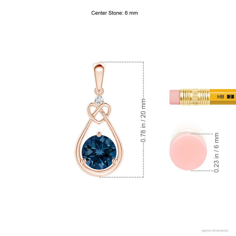 6mm AAAA London Blue Topaz Knotted Heart Pendant with Diamond in Rose Gold ruler