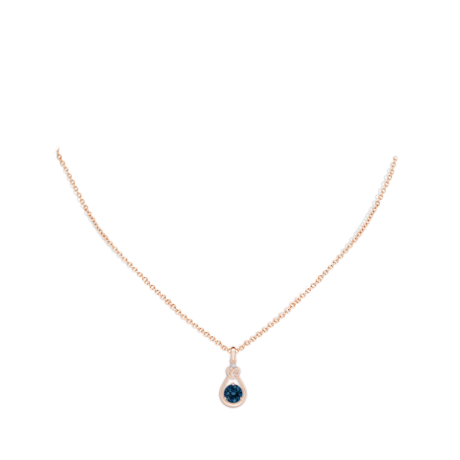 6mm AAAA London Blue Topaz Knotted Heart Pendant with Diamond in Rose Gold body-neck