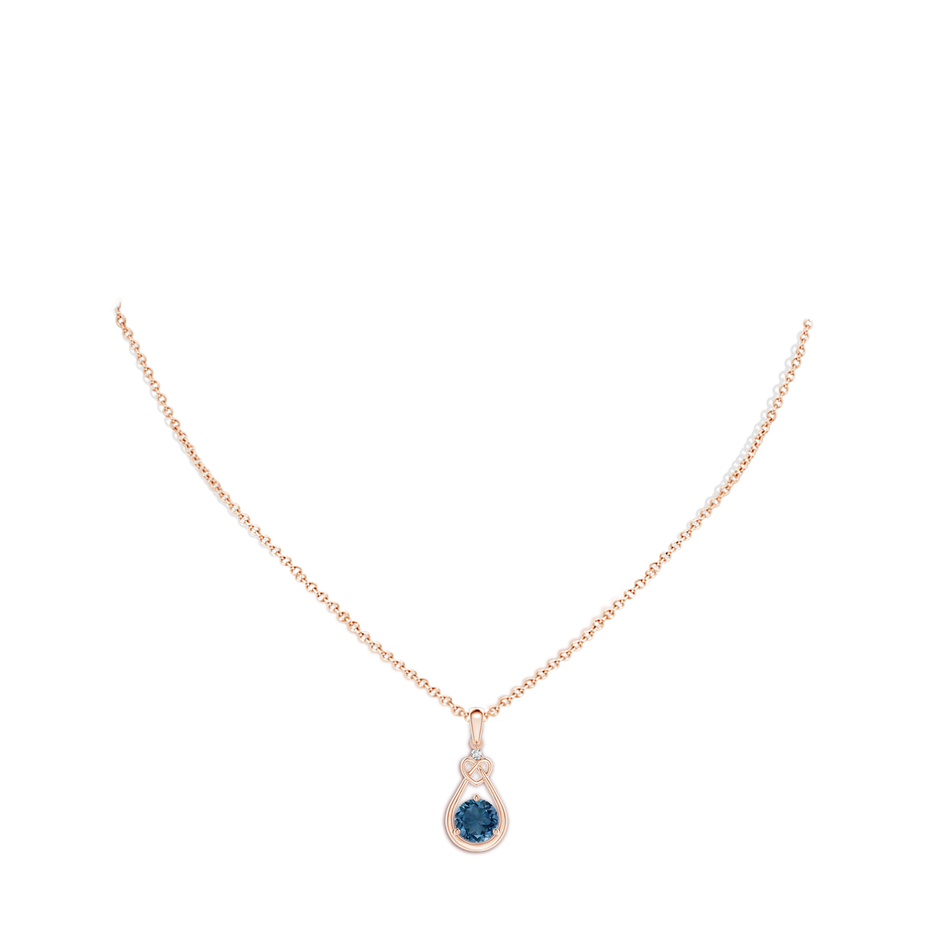 7mm AA London Blue Topaz Knotted Heart Pendant with Diamond in Rose Gold body-neck