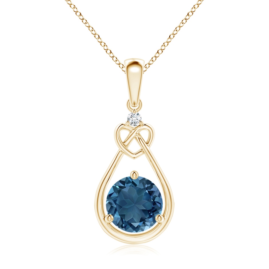 7mm AA London Blue Topaz Knotted Heart Pendant with Diamond in Yellow Gold 