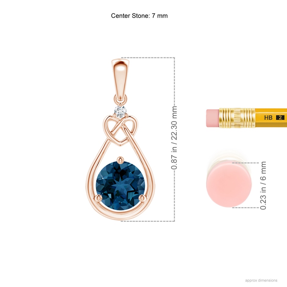7mm AAA London Blue Topaz Knotted Heart Pendant with Diamond in Rose Gold ruler