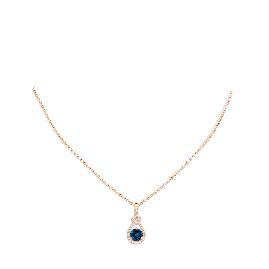 7mm AAA London Blue Topaz Knotted Heart Pendant with Diamond in Rose Gold body-neck