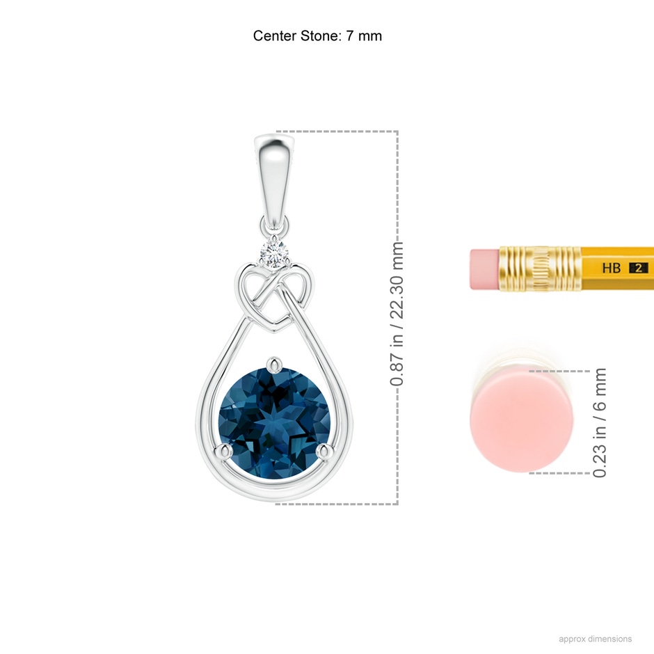 7mm AAA London Blue Topaz Knotted Heart Pendant with Diamond in White Gold ruler