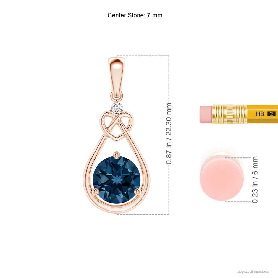 7mm AAAA London Blue Topaz Knotted Heart Pendant with Diamond in Rose Gold ruler