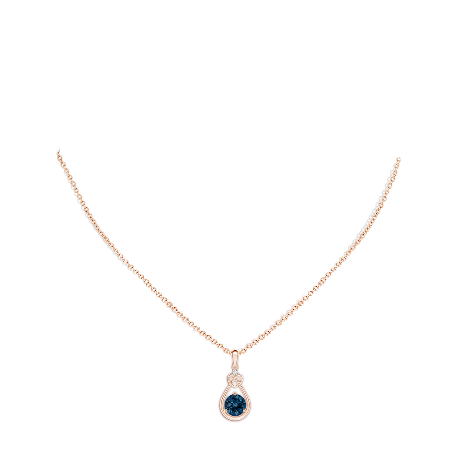 7mm AAAA London Blue Topaz Knotted Heart Pendant with Diamond in Rose Gold body-neck