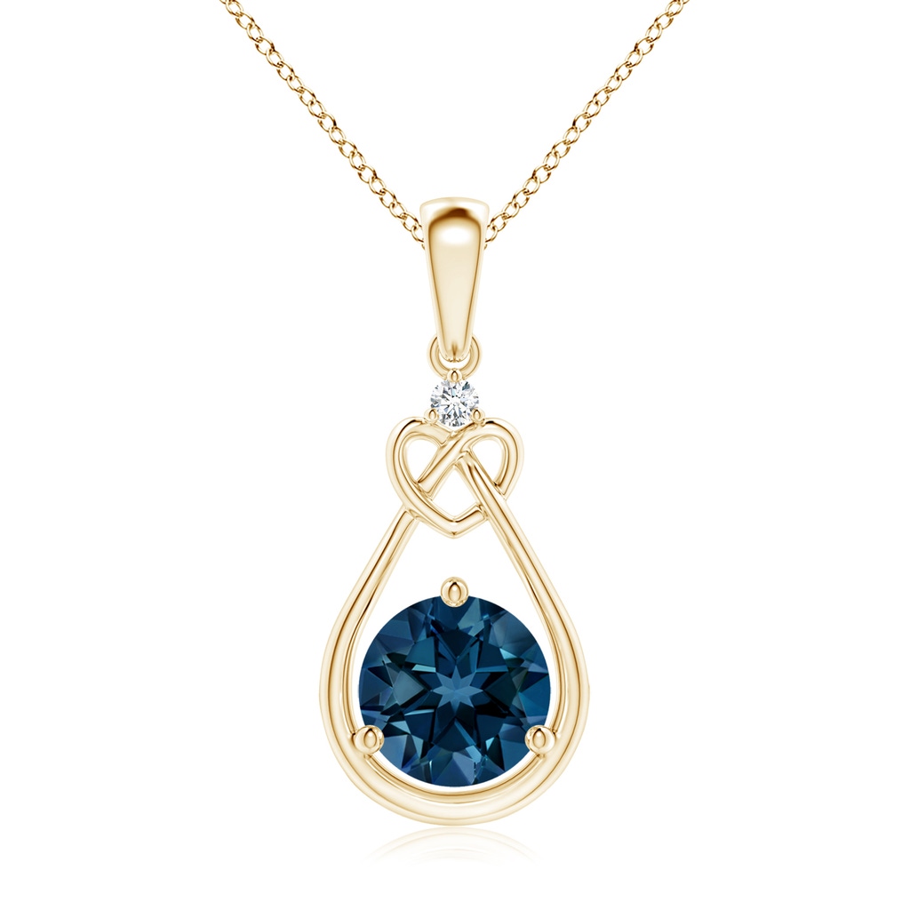 7mm AAAA London Blue Topaz Knotted Heart Pendant with Diamond in Yellow Gold