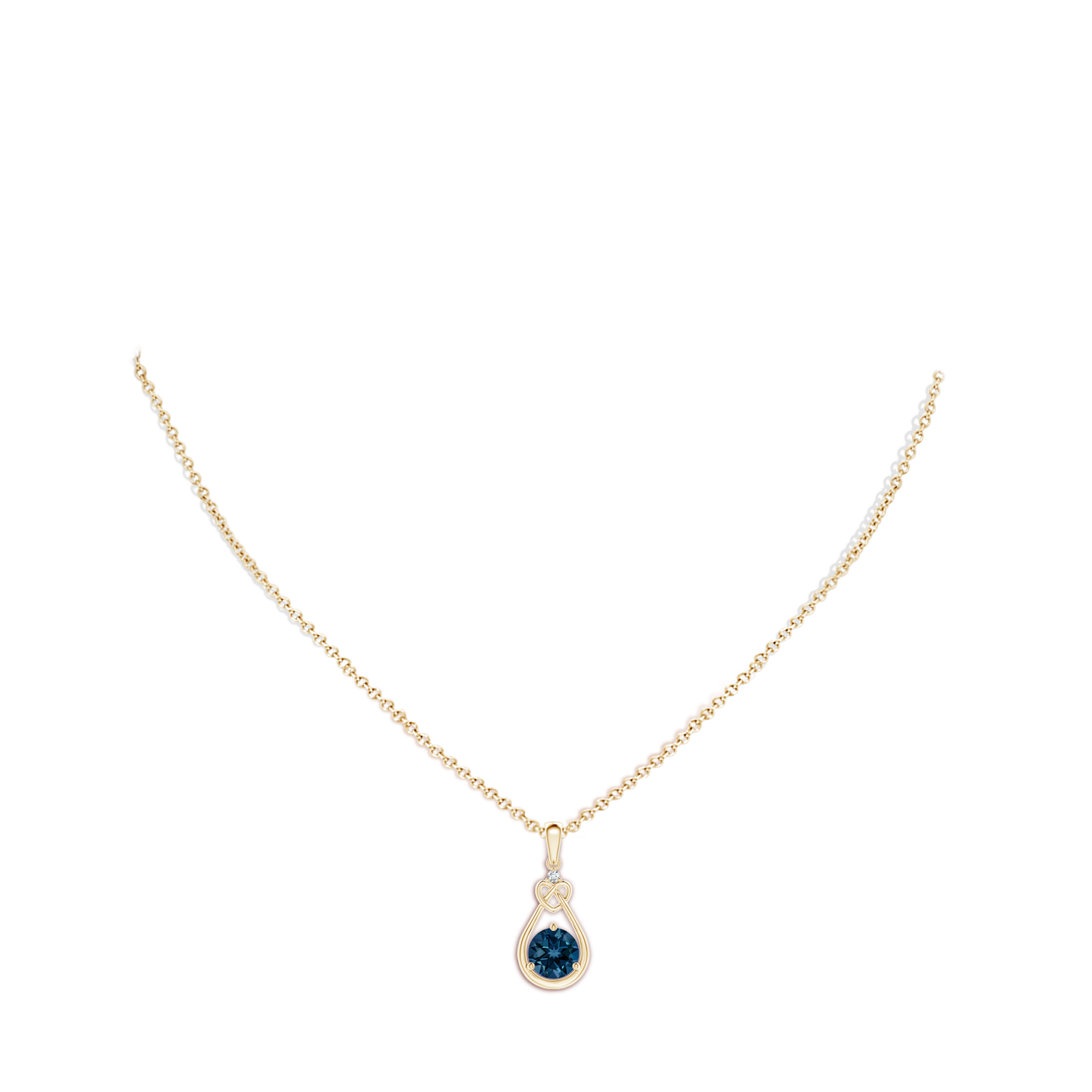 7mm AAAA London Blue Topaz Knotted Heart Pendant with Diamond in Yellow Gold - body_neck