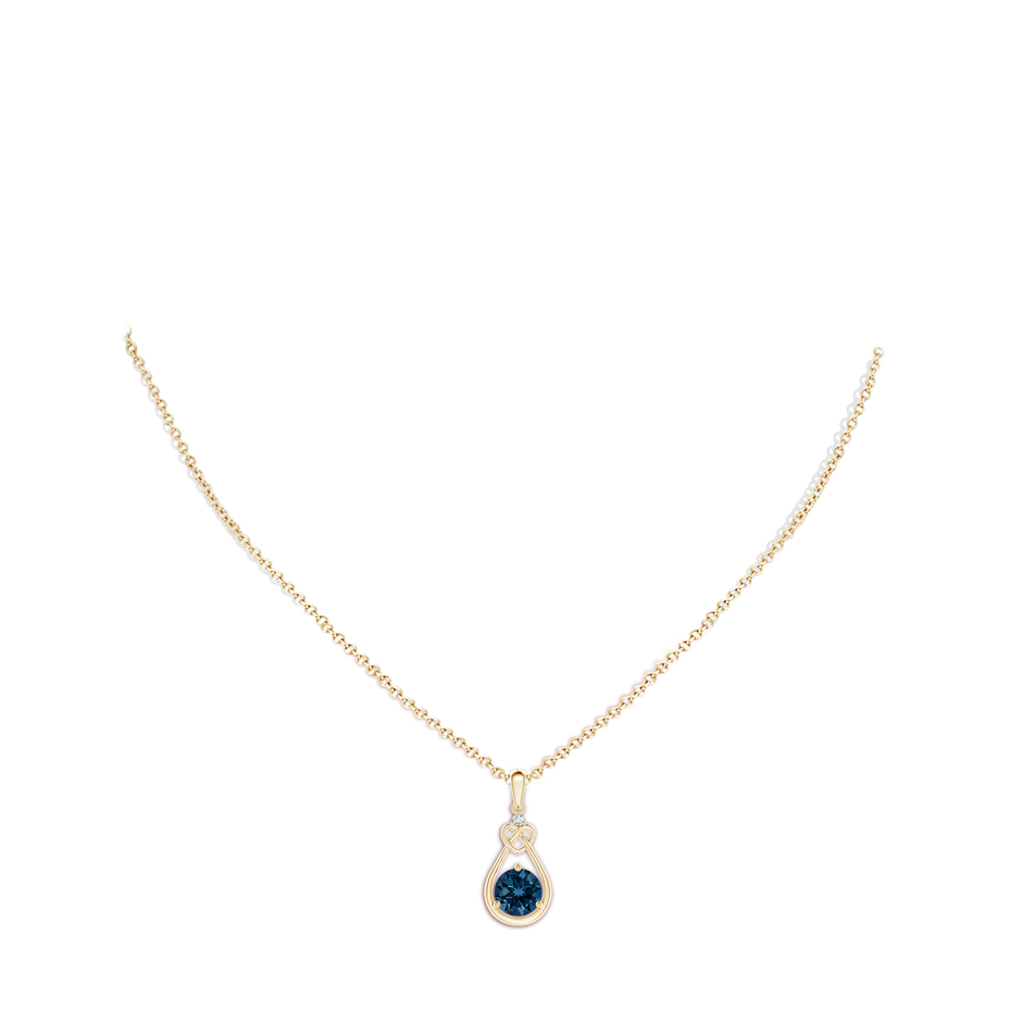 7mm AAAA London Blue Topaz Knotted Heart Pendant with Diamond in Yellow Gold body-neck