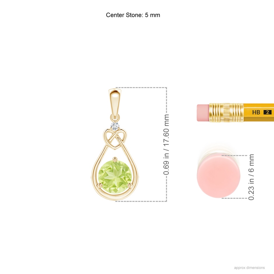 5mm A Peridot Knotted Heart Pendant with Diamond in Yellow Gold ruler