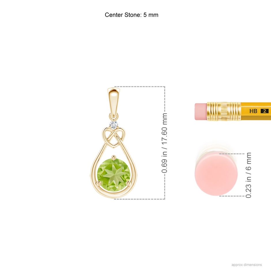 5mm AA Peridot Knotted Heart Pendant with Diamond in Yellow Gold ruler