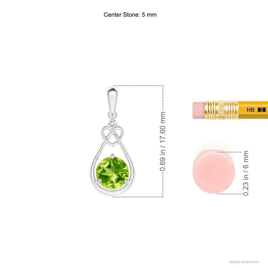 5mm AAA Peridot Knotted Heart Pendant with Diamond in White Gold ruler